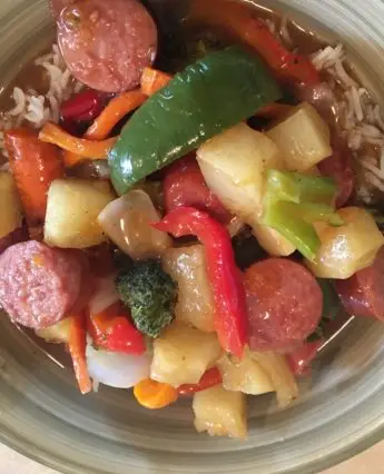Sweet & Sour Kielbasa Stir Fry www.jordanscrossing.net clean living products